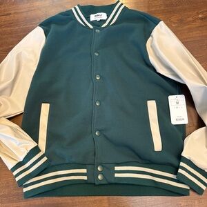 BHJ California Varsity Jacket Medium NWT Green & Cream Oversized Bomber Style